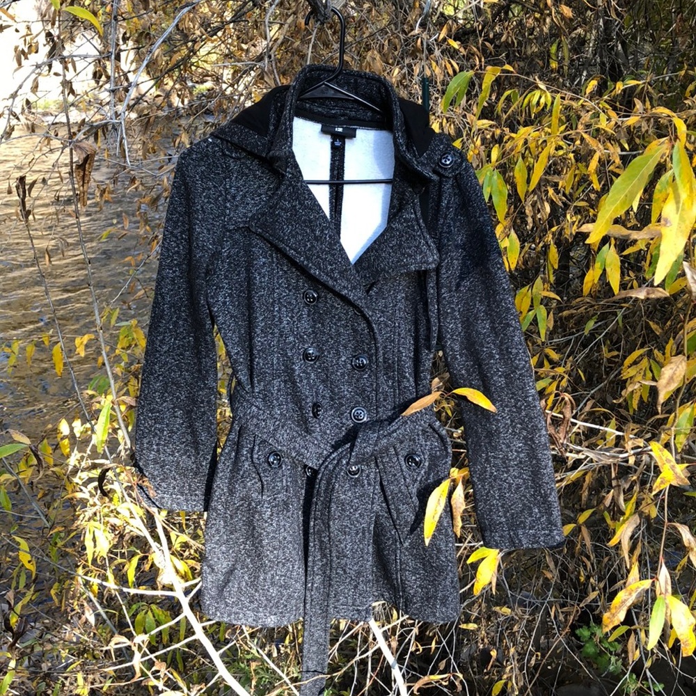 Grey tie waist hooded peacoat